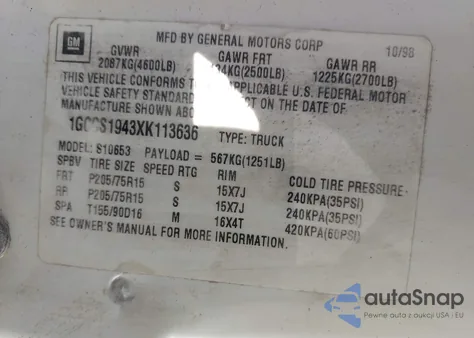 1999 Chevrolet S-10 Ls from USA, damaged, VIN 1GCCS1943XK113636